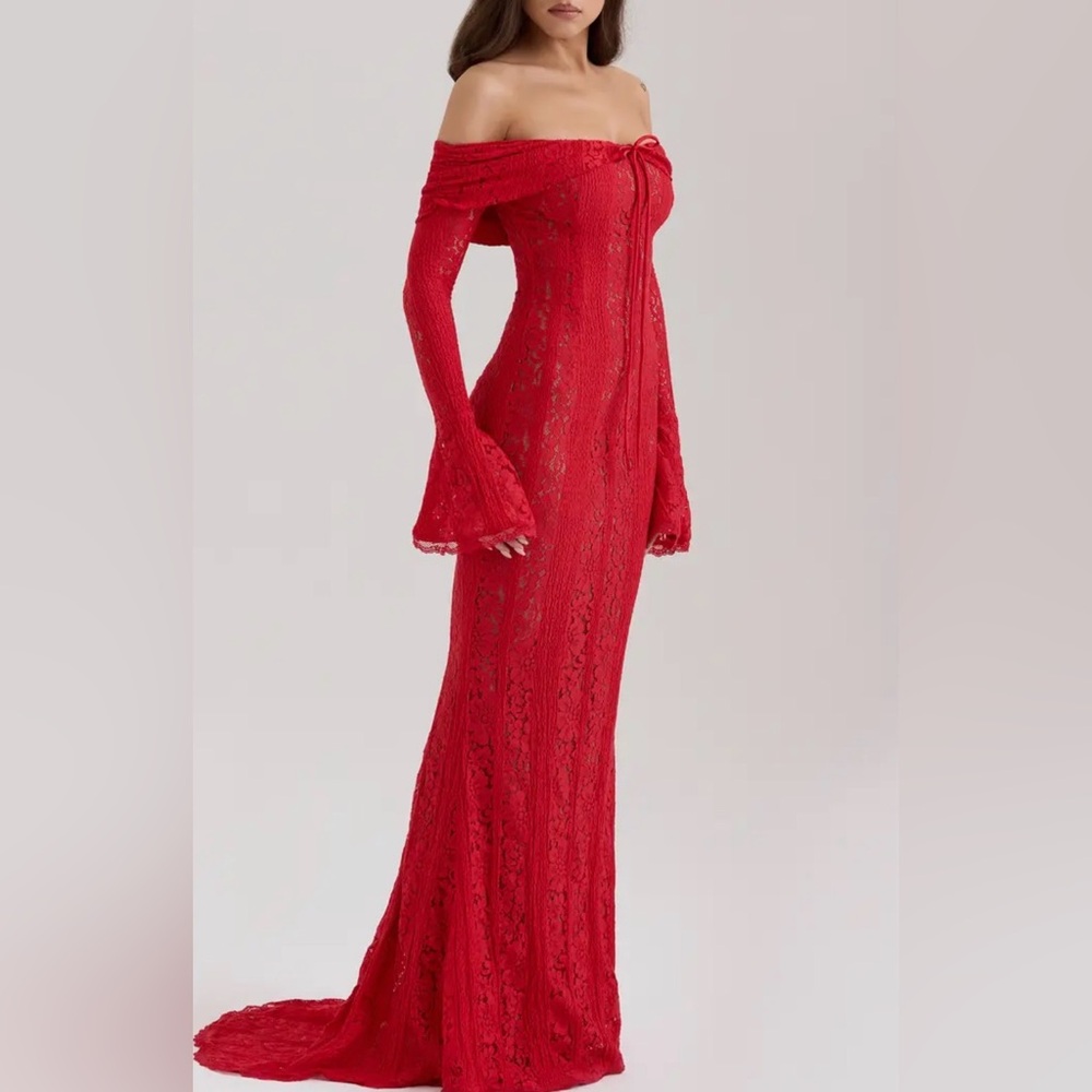 House of CB Belle Off the Shoulder Long Sleeve Mermaid Gown RED - Picture 3 of 7